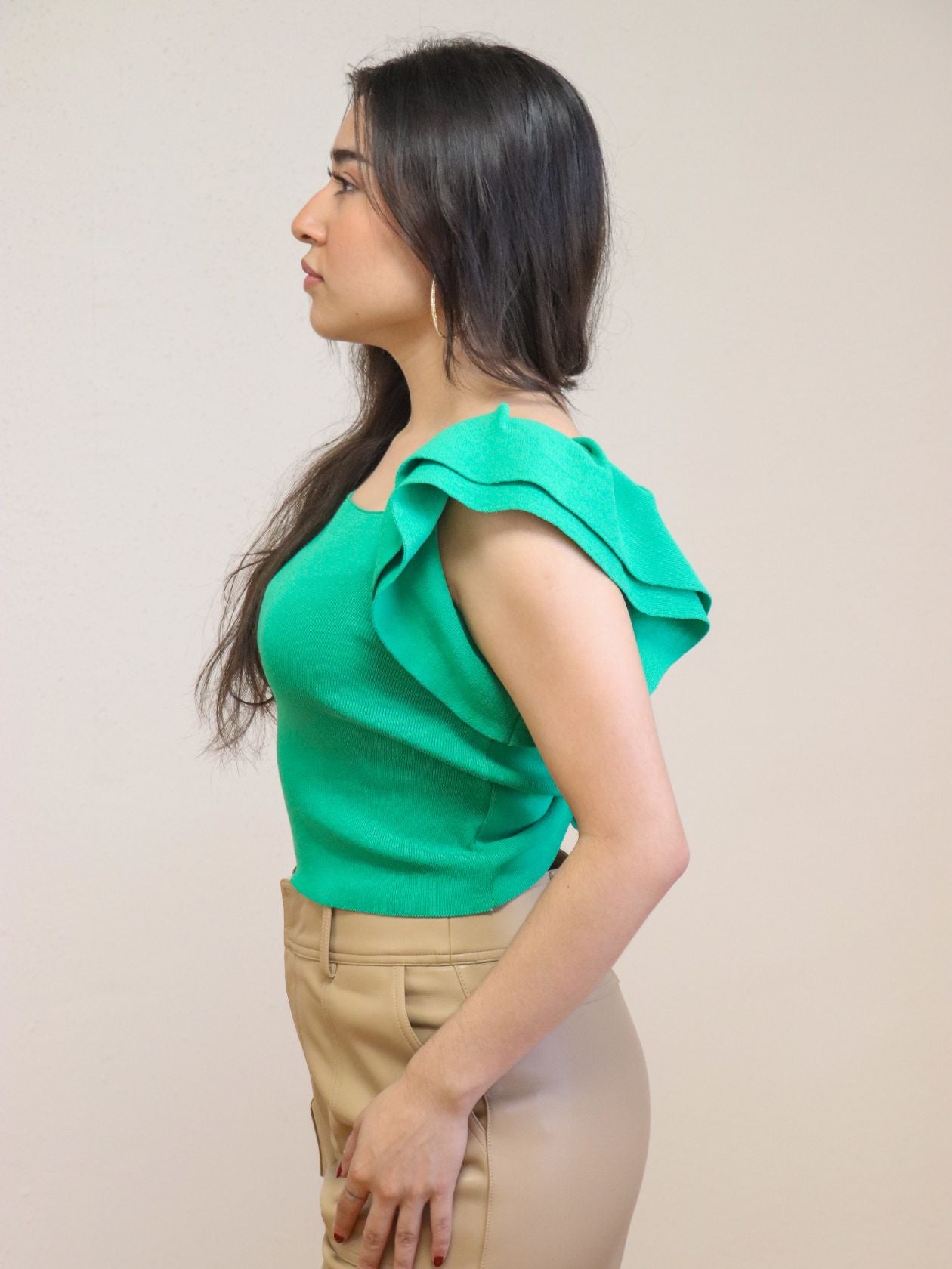 Double Ruffle Knit Top Emerald - Leona