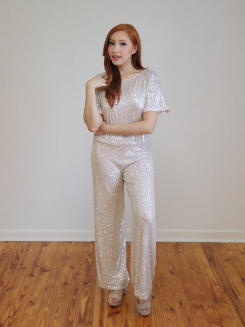 Looma Sequin Pants - High Waisted Super Wide Leg Pants in Champagne