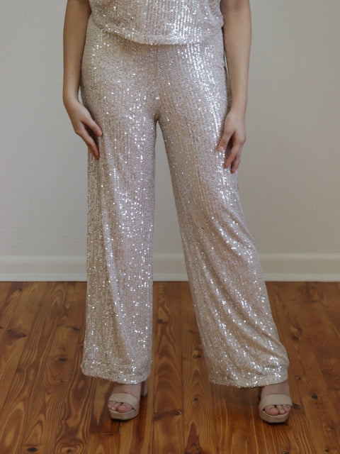 Deliza Pants - Mid Waisted Sequin Flare Pants in Champagne